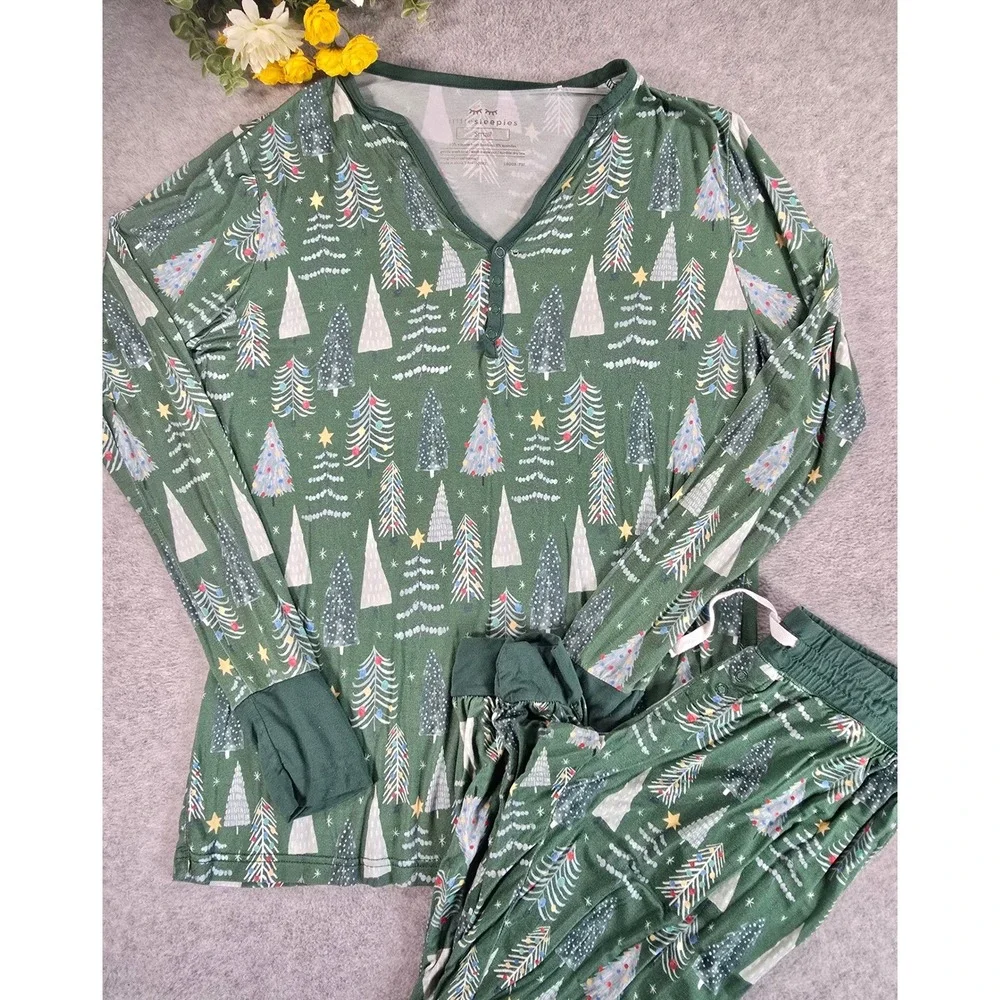Little Sleepies Pajama Set Womens S/XS Green Christmas Trees Bamboo Lounge PJs